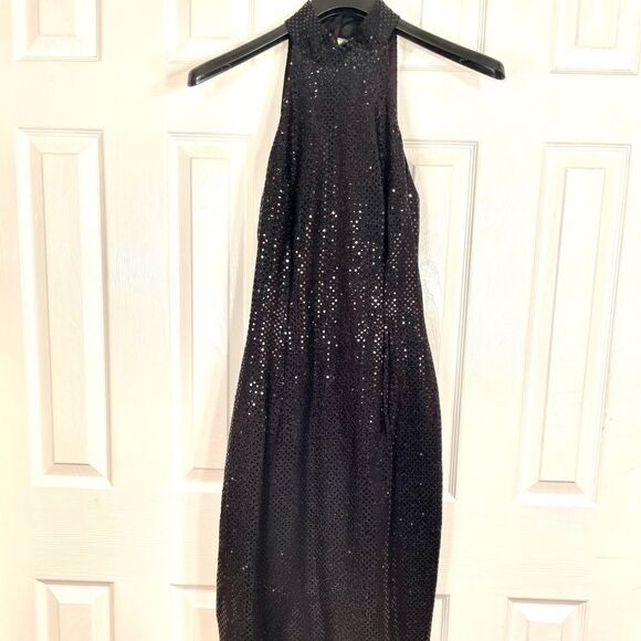 VINTAGE ROBERTA HIGH NECK BLACK SEQUIN GOWN 12 - Picture 3 of 8
